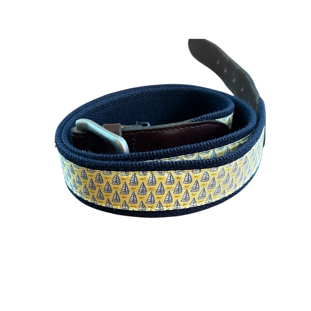 Vineyard Vines Mens Sailboat SILK Canvas Club Belt Navy Yellow Leather Trim 36